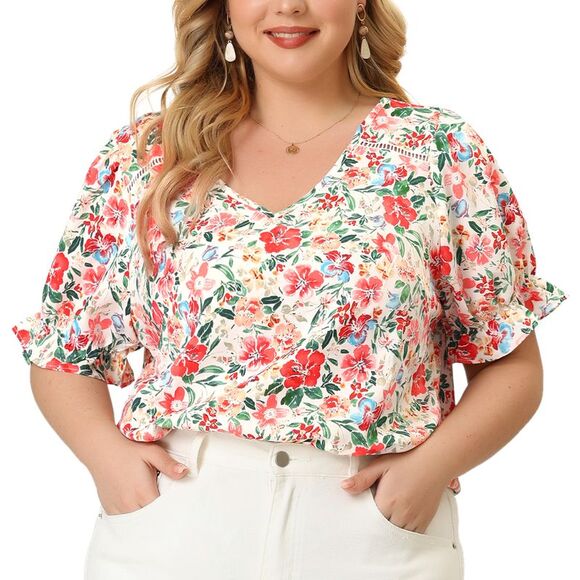 Agnes Orinda Tops - Plus Size Floral V Neck Ruffle Short Sleeve Chic Summer Tops White